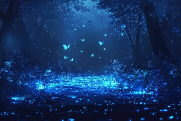 Obraz premium Blue Butterflies and Glowing Lights in a Nighttime Forest