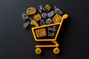 Minimalist design of a shopping cart overflowing with simple line-drawn items, symbolizing the excitement of a shopping spree