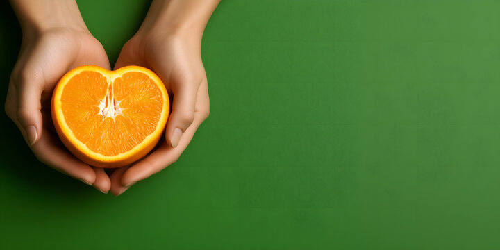 close up of an orange holded by human hands; heart shape fruit as a symbol of vegetarian, vegan, healthy organic raw diet; slice of fruit isolated over natural green background