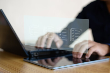 Online survey. Choose the correct answer. Evaluate, fill out certificate forms, and manage digital documents online on a laptop.