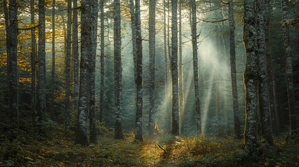 Fototapeta premium Sunlight Filtering Through Dense Forest Trees