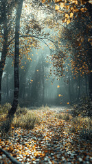 Obraz premium serene forest path illuminated by soft sunlight filtering through trees, with golden leaves gently falling and creating magical atmosphere
