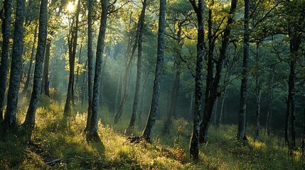 Obraz premium Sunlight Streaming Through Dense Forest Canopy