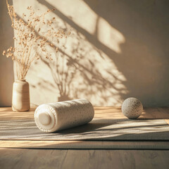 Close-up auf eine Faszienrolle und Massageball auf einer Yoga-Matte im sanften Morgenlicht - Konzept Fitness und Entspannung zu Hause