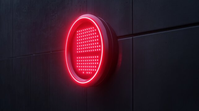 A green circular traffic light with a green backlight is mounted on a dark wall. The light indicates movement or a go signal. The image is a 3D rendering. 