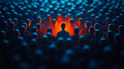 A person stands out in the crowd, with their figure illuminated by orange light against the blue figures of other people, symbolizing individuality and distinctness among many others.