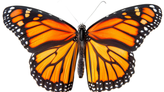 Beautiful orange monarch butterfly with black and white wings, isolated on a white background