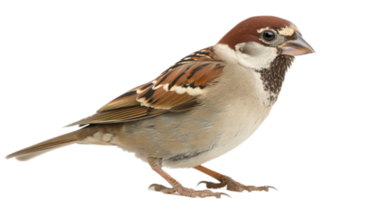 Female house sparrow passer domesticus, isolated on white, with brown and grey feathers sitting on a branch
