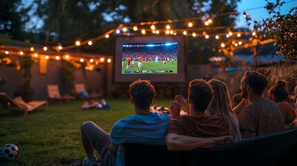 Group of friends streaming a live sports event on a big screen in the backyard, cheering and celebrating together, vibrant and lively atmosphere with evening light