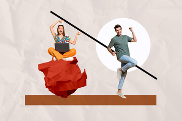 Creative picture young man woman colleagues achieve goal aim target success celebrate triumph...
