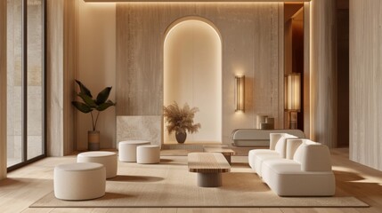 Minimalist Living Room with Archway and Beige Walls