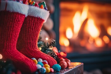 Close-Up of Red Epiphany Stockings Filled with Candy on a Fireplace Mantel with a Warm Fire in the...