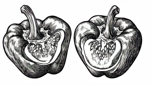A black and white illustration of two bell peppers cut in half