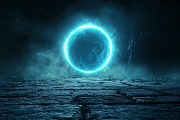 Glowing Blue Orb Suspended Above a Stone Path in a Smoky Dark Atmosphere