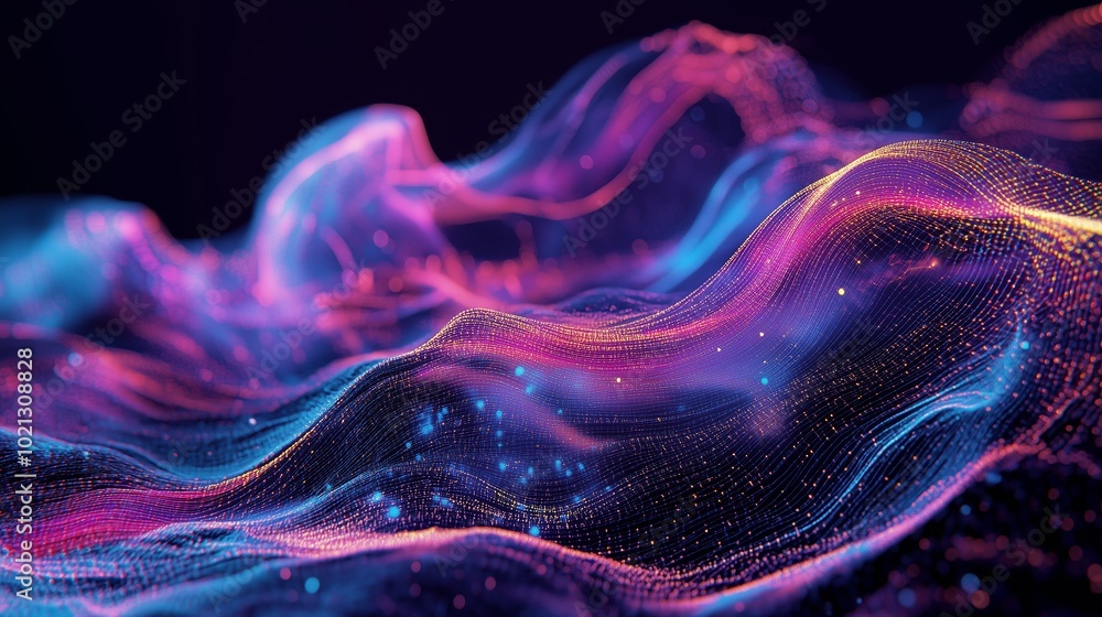Poster abstract representation of colorful waves with glowing particles in a dark environment creating a vi