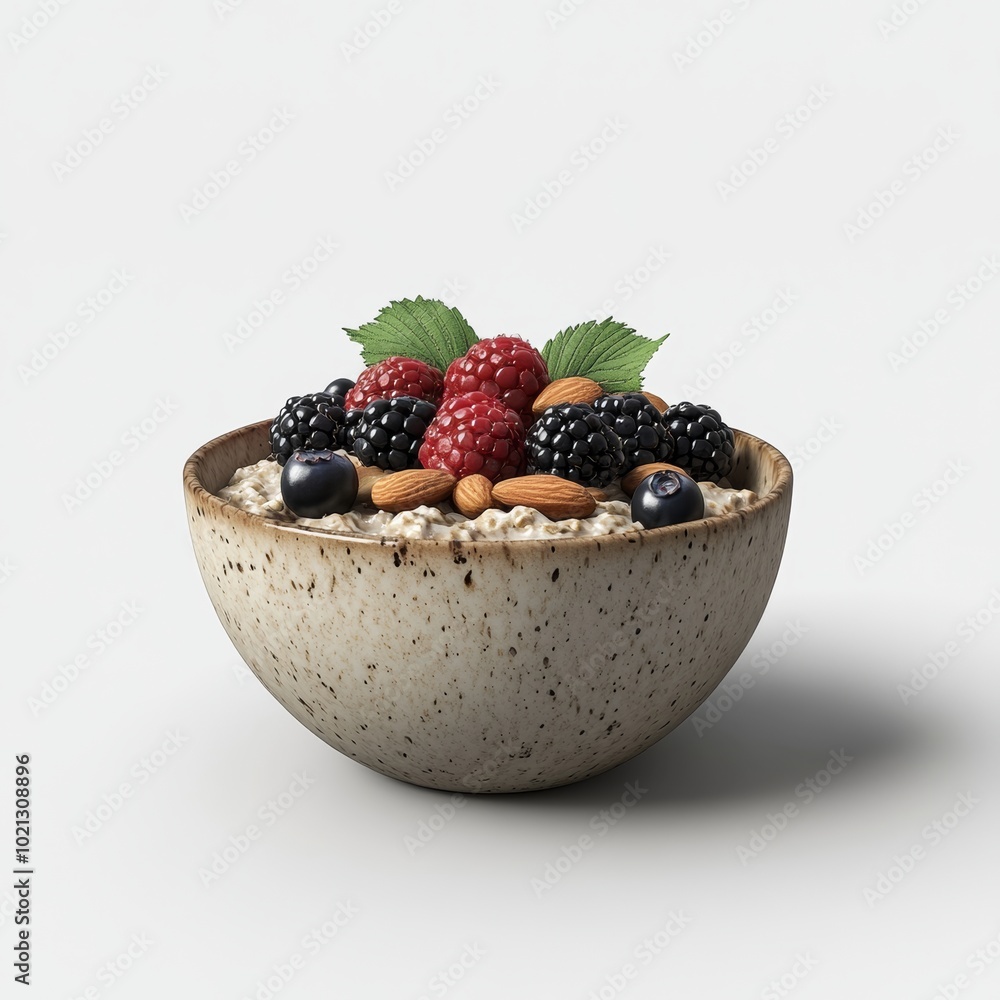 Poster a 3d rendering of a bowl of oatmeal topped with fresh berries and nuts, displayed in a minimal style