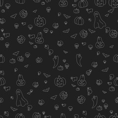 Hand Drawn Happy Halloween Seamless Pattern white on black background. Pumpkin, Ghost, Bat, Skull Sketch style vector Wallpaper repeat design for fabric.