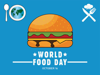 world food day. October 16 2024 template, banner, card, poster, with chef cap, fish fork, knife, egg, burger, world map, spoon, plate with green, blue, sky blue The day promote global

