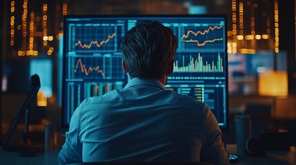 Businessman looking at stock market charts and graphs on a digital screen