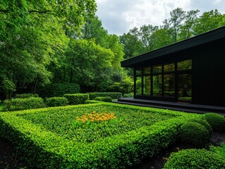 Fototapeta premium Modern Tranquil Garden with Geometric Topiary Designs