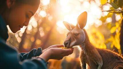 Close-Up of a Zoo Trainer Gently Feeding a Kangaroo at Riyadh Zoo with Sunlight Filtering Through the Trees