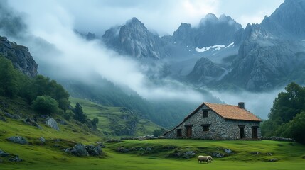 Obraz premium A small stone farmhouse nestled in the lush green valley,set against a backdrop of misty mountains