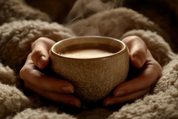Hands Holding a Steaming Cup in a Cozy Blanket, Close-up of hands cradling a steaming cup while wrapped in a soft, textured blanket, evoking warmth and comfort on a chilly day.

