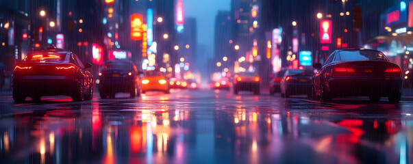 Rainy Night Cityscape with Cars Reflecting Neon Lights