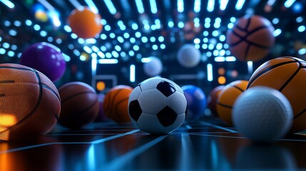 A sports ball is depicted against a futuristic backdrop, evoking the idea of competition in a sci-fi setting. This 3D illustration serves as a casino backdrop, depicting a champion's environment