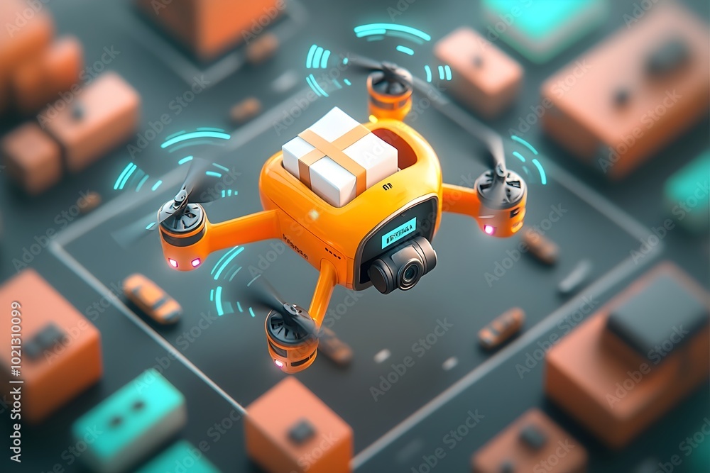 Poster sleek and autonomous drone carrying a package navigating through a bustling metropolitan environment