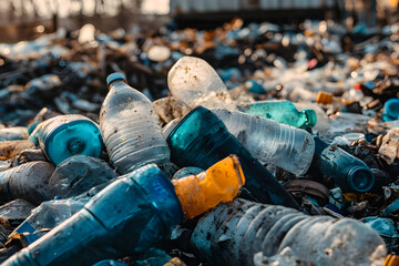 Fototapeta premium Close-Up of Plastic Bottles and Recyclables Piled in a Garbage Dump, Highlighting Waste Pollution