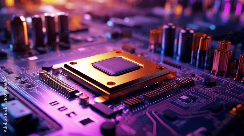 Poster cpu processor on modern motherboard in service shop with purple light. neural network ai generated a