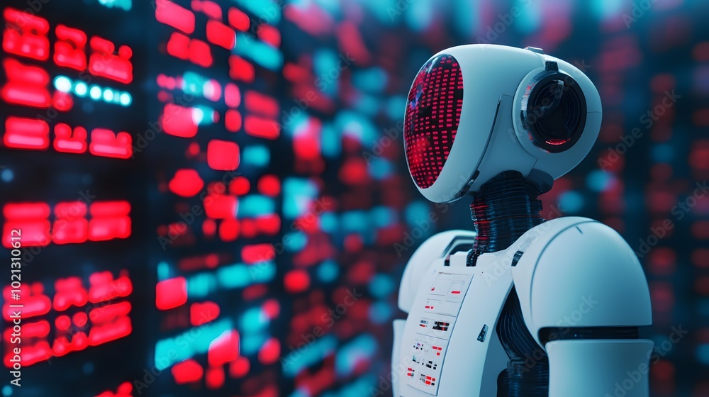 Poster a futuristic robot stands against a backdrop of glowing digital data, showcasing advanced technology