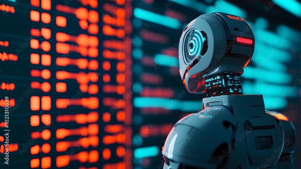 Poster a futuristic robot stands in front of a glowing data wall, reflecting a high-tech environment filled