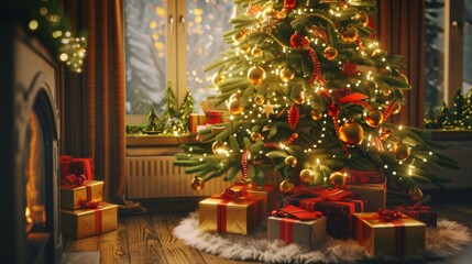 Christmas Tree Decorated with Lights and Ornaments