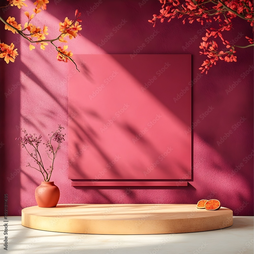 Poster elegant and minimalist 3d studio space featuring a plum colored backdrop an empty floor and wall sho