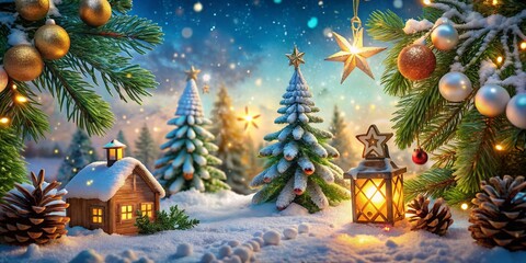 Cozy December Vibes: Winter Scene with Snowflakes, Pine Trees, and Warm Holiday Decorations