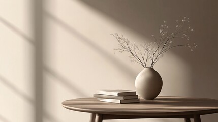 A minimalist Scandinavian coffee table styled with a single ceramic vase and a small stack of books, against a soft taupe background with delicate line art