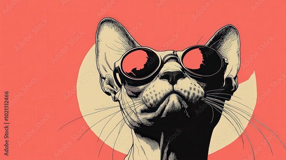 Poster whimsical minimalist poster of sphynx cat with conjunctivitis - retro illustration with bold outline