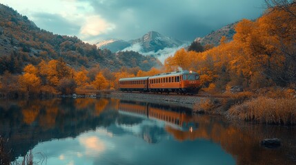 Obraz premium Red train moving along lake in beautiful mountain landscape
