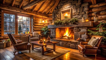 Cozy Log Home Fireplace with Warm Flames and Rustic Decor Creating a Inviting Atmosphere