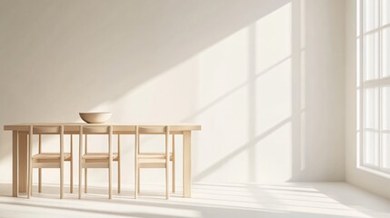 A minimalist Scandinavian dining table with light wooden chairs and a single ceramic bowl, against a soft cream background with elegant shadow effects