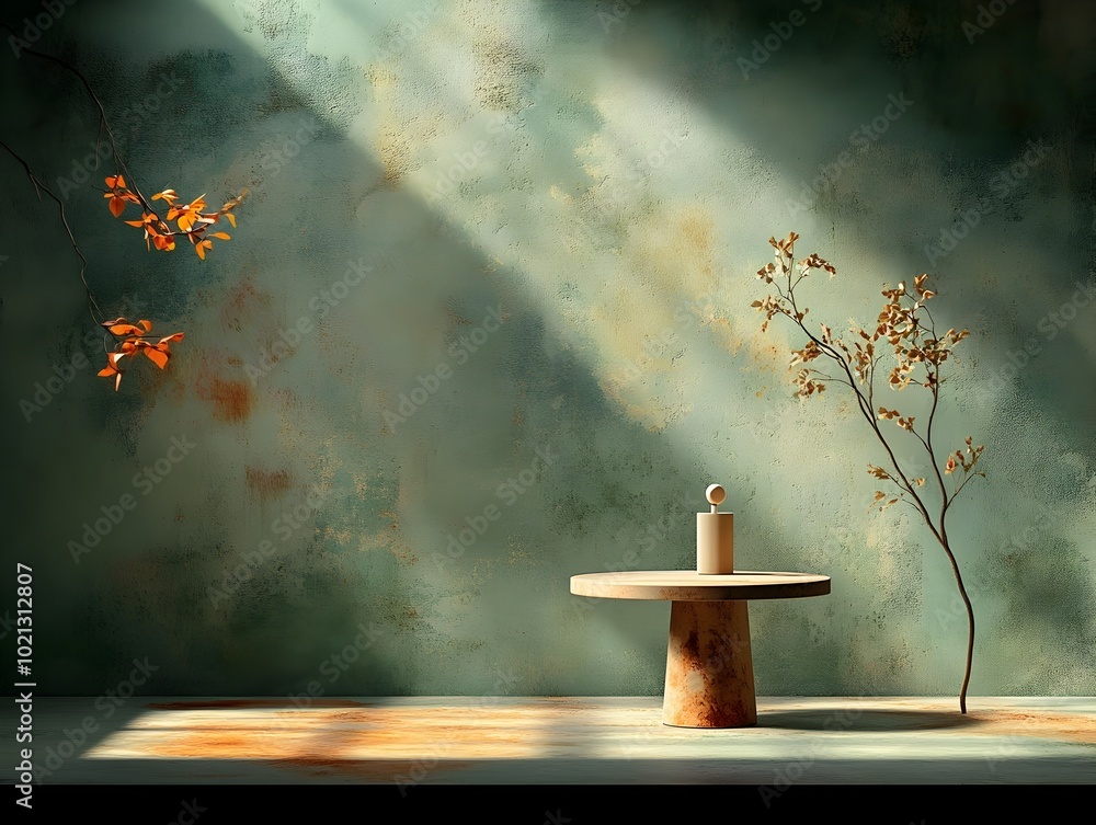 Poster Atmospheric 3D studio setting with worn gritty concrete walls and floors a simple product stand in the foreground and dynamic directional lighting from an window creating dramatic shadows  Muted