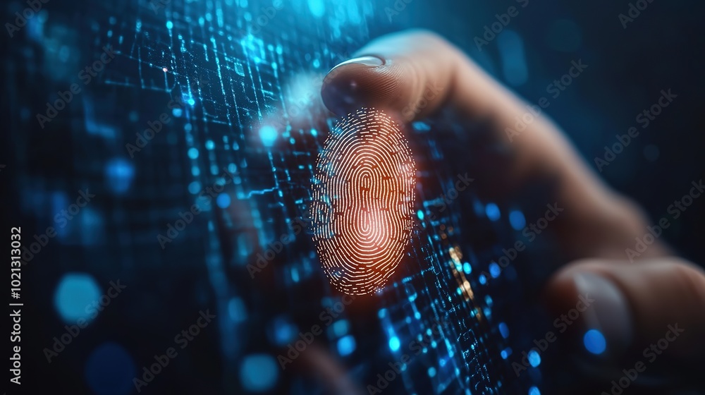 Poster man using thumb to scan finger print or for digital processing bio-metric identification to access s