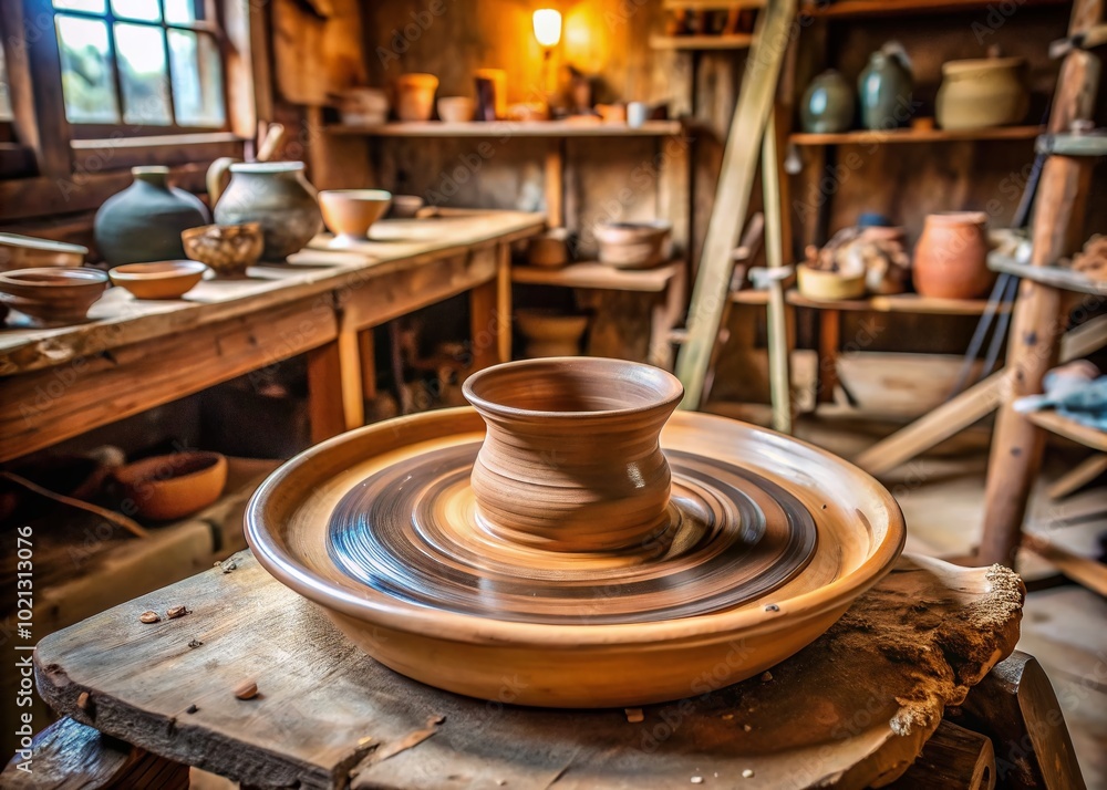 Poster Crafting Art from Clay: A Close-up of a Spinning Potter’s Wheel in a Rustic Workshop Setting