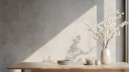 A Scandinavian-inspired dining area with a light oak table, minimalist tableware, and a single vase of flowers, placed against a cool gray backdrop with abstract design elements