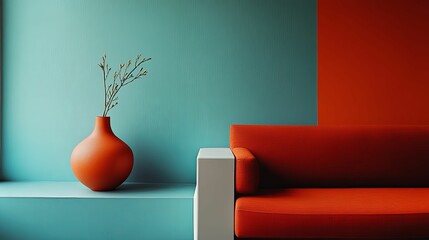 A Red Sofa and a Vase with Twigs Against a Teal and Red Wall