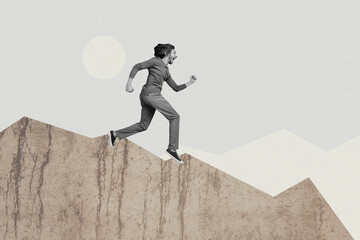 Creative collage young man run downhill direction forward success reach goal aim target leadership...
