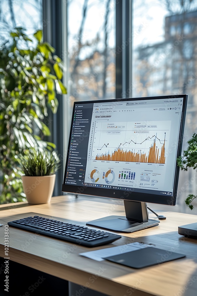 Poster A modern workspace featuring a computer monitor displaying data analytics, surrounded by plants and natural light.