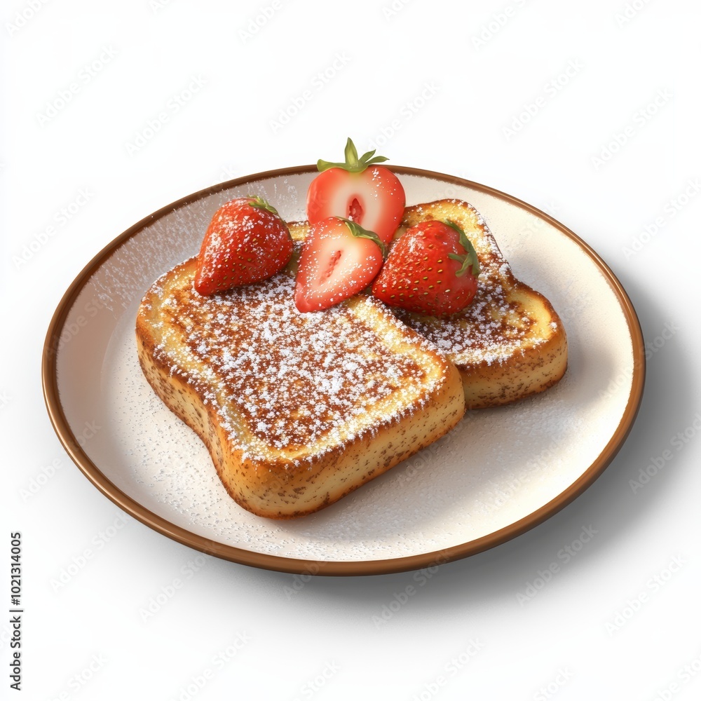 Poster a 3d rendering of a plate of french toast dusted with powdered sugar and topped with strawberries, i